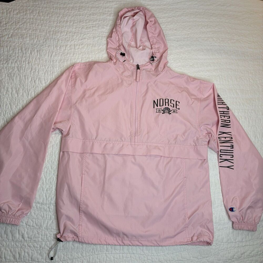 NKU Norse pink windbreaker Sz S Champion packable lightweight 1/2 zip scuba hood